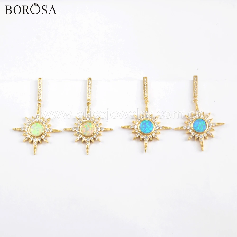 

BOROSA 4pairs Fashion Hook Earrings Star Shape CZ Micro Pave Blue Opal Dangle Earrings for Women's ZG0391