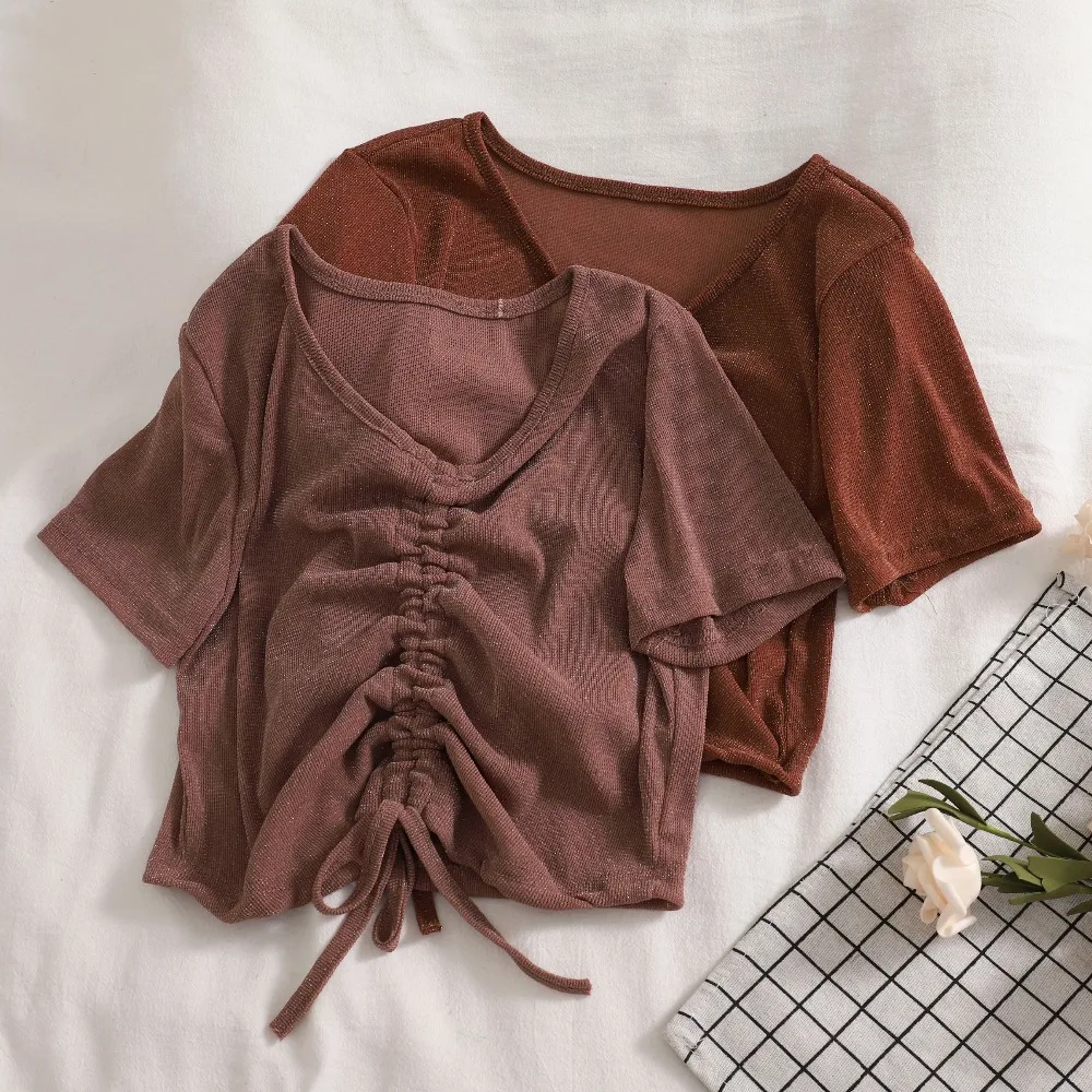 

Women Summer V-Neck Pullover Bling Silk Basic Shirt New Vintage Short Bandage Strap Elastic Slim High Waist Pullover Blouse Tops