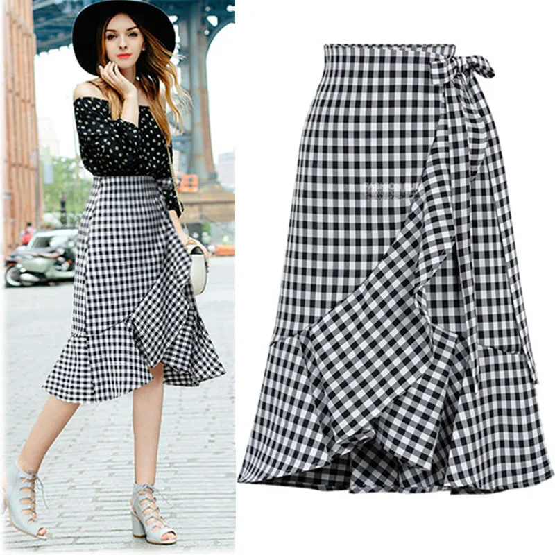 

LZMZA Vintage plaid skirts summer Ruffles Bandage Mermaid Women Skirt 2018 High Waist Knee-Length Skirts Female Skirt