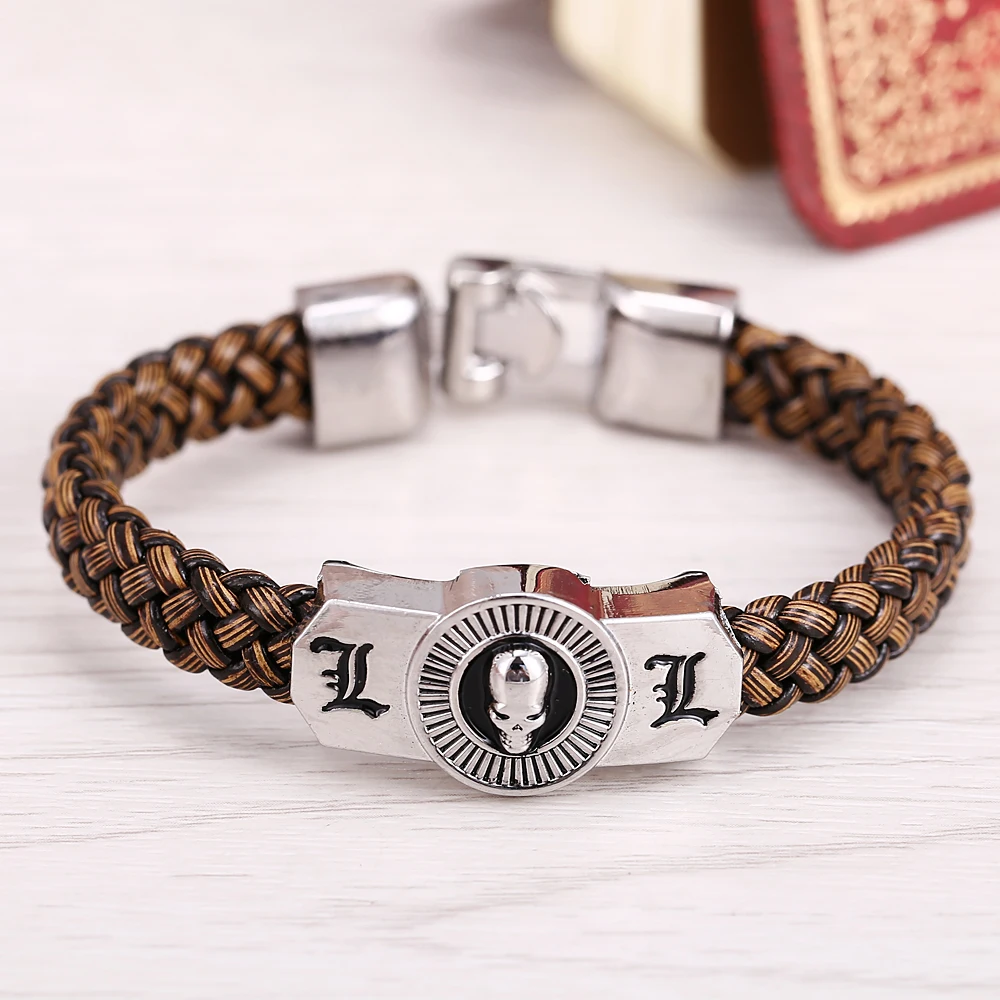 

J Store Death Note Souvenir skull Bracelets for men brown Leather Bracelet Friendship Bangles 2017 Fashion Jewelry