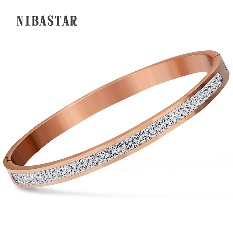 

Two Row crystal rhinestone pave stainless steel Open bracelets & bangles for women