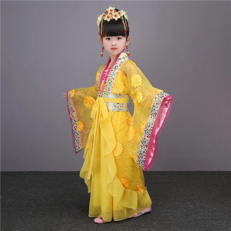 Новое Детское Китайский традиционный ханьфу платье для девочек император королева принцесса сценические Детские костюмы Тан костюм детский халат - Цвет: Yellow