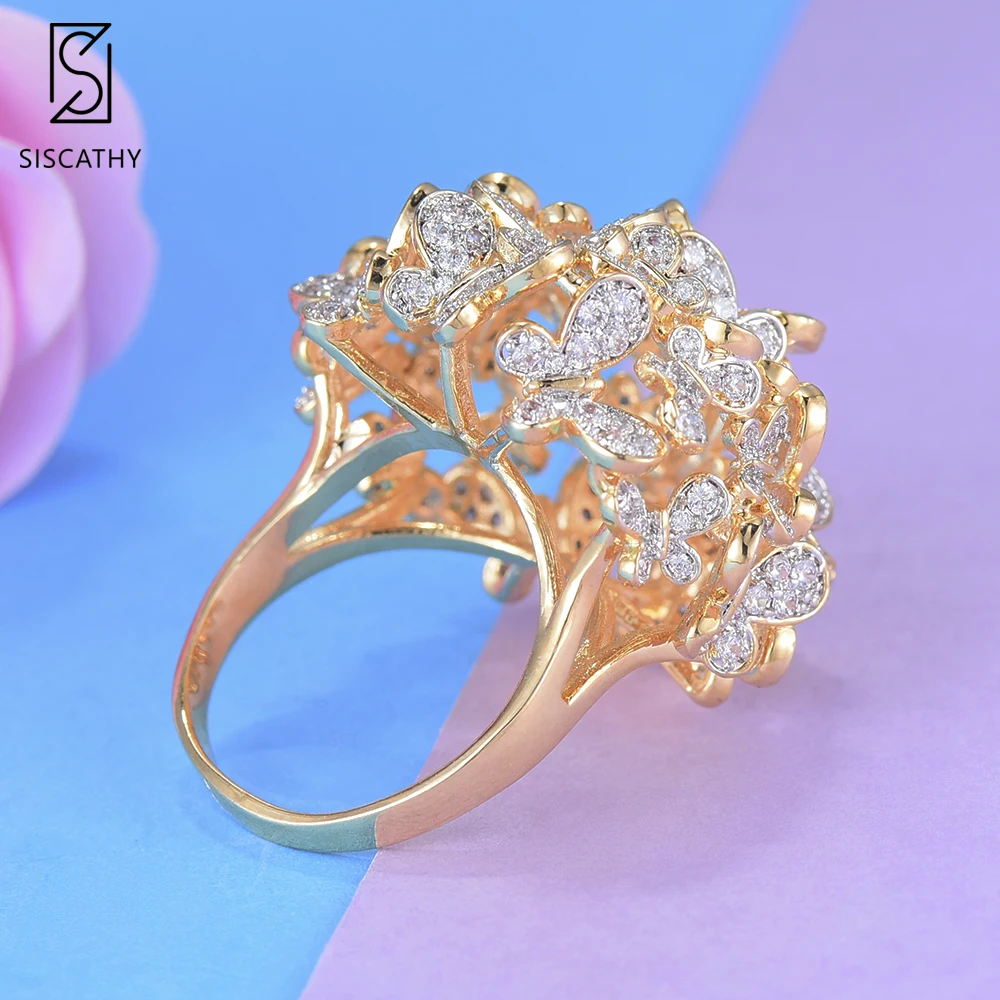 

SISCATHY Popular Women Wedding Finger Rings Flower Hollow Statement Cubic Zirconia Circle Ring Party Engagement