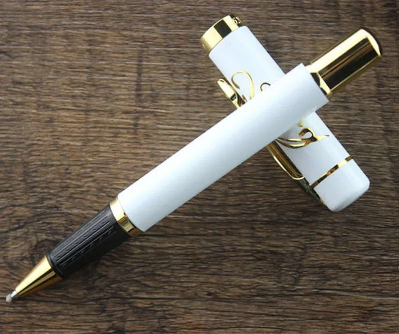 

luxury White gold clip gift box roller pen diamond clip full metal gel pen heavy feel good quality black 0.5mm refills
