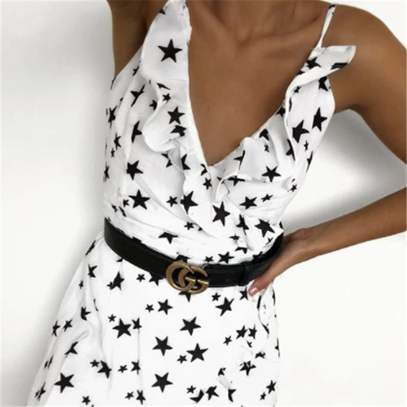 

Women Mini Skirt Ruffles Sexy V-neck Backless Braces Skirts Stars Prints Natural Factors Party Streetwear