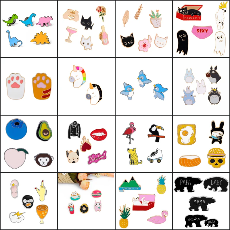 

Brooches gathering Cartoon animal alloy Enamel Brooch Set dragon cat bird Dog Paw Cat fruits lip bear label pins gifts for women