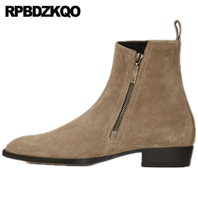

Black Full Grain Leather Ankle Booties Designer Retro Boots Men's Shoes Short Pointed Toe Plus Size Suede Fashion Zipper Chunky