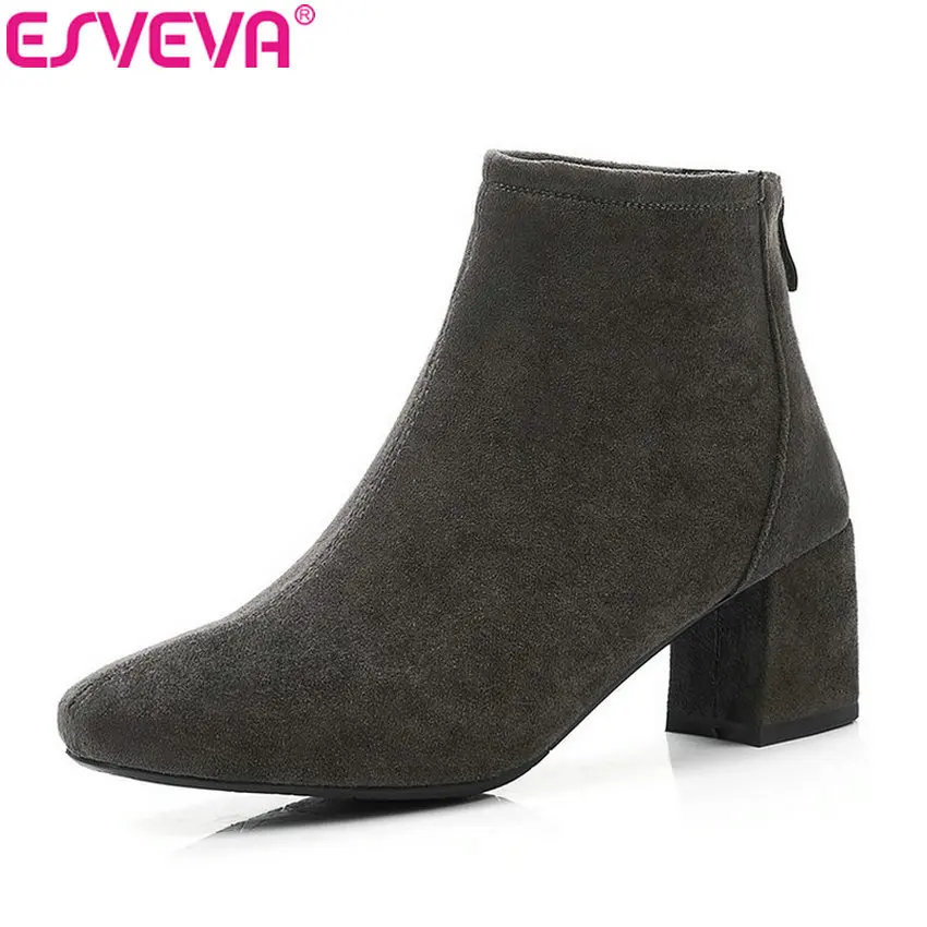 

ESVEVA 2019 Women Boots Synthetic Western Style Autumn Shoes Zip Ankle Boots Square Toe Square High Heels Woman Shoes Size 34-39
