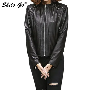 

SHILO GO Leather Jacket Womens Autumn Fashion sheepskin genuine Leather Jacket O Neck zipper Adjustable shouler long sleeve coat
