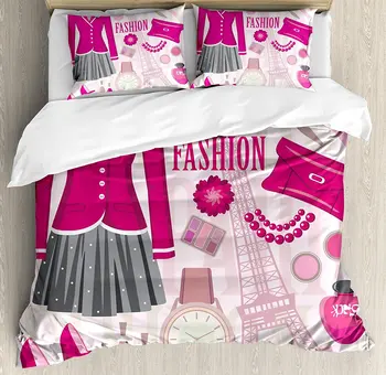 

Girls Duvet Cover Set Fashion Theme in Paris with Outfits Dress Watch Purse Perfume Parisienne Landmark Bedding Set Pink Biege
