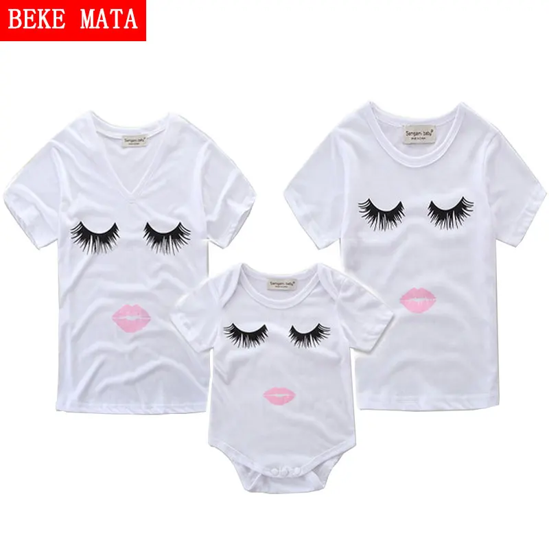 

BEKE MATA Matching Mother Daughter Baby Clothes 2017 Summer New Shy Eye T-shirt Romper Set Family Look Mother Daughter Clothing