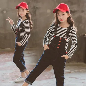 

New Fashion Children Girls Fashion Clothes Sets Tops Stripe T-shirt +Overalls Solid Long Pants For Little 4- 14 Years