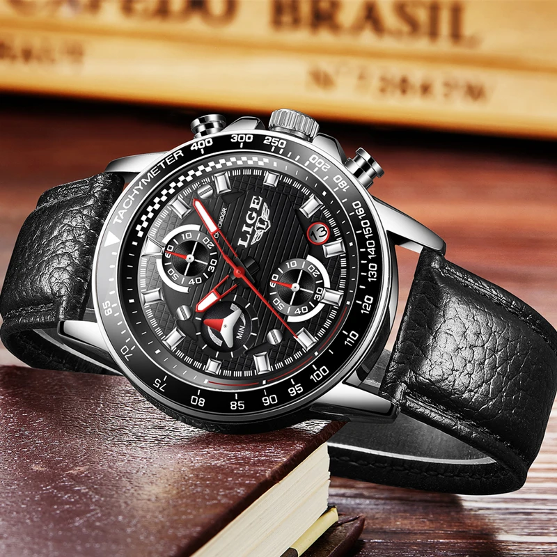 LIGE Brand Men Leather Strap Military Watches Men's Chronograph Waterproof Sport Date Quartz Wristwatch Gifts relogio masculino
