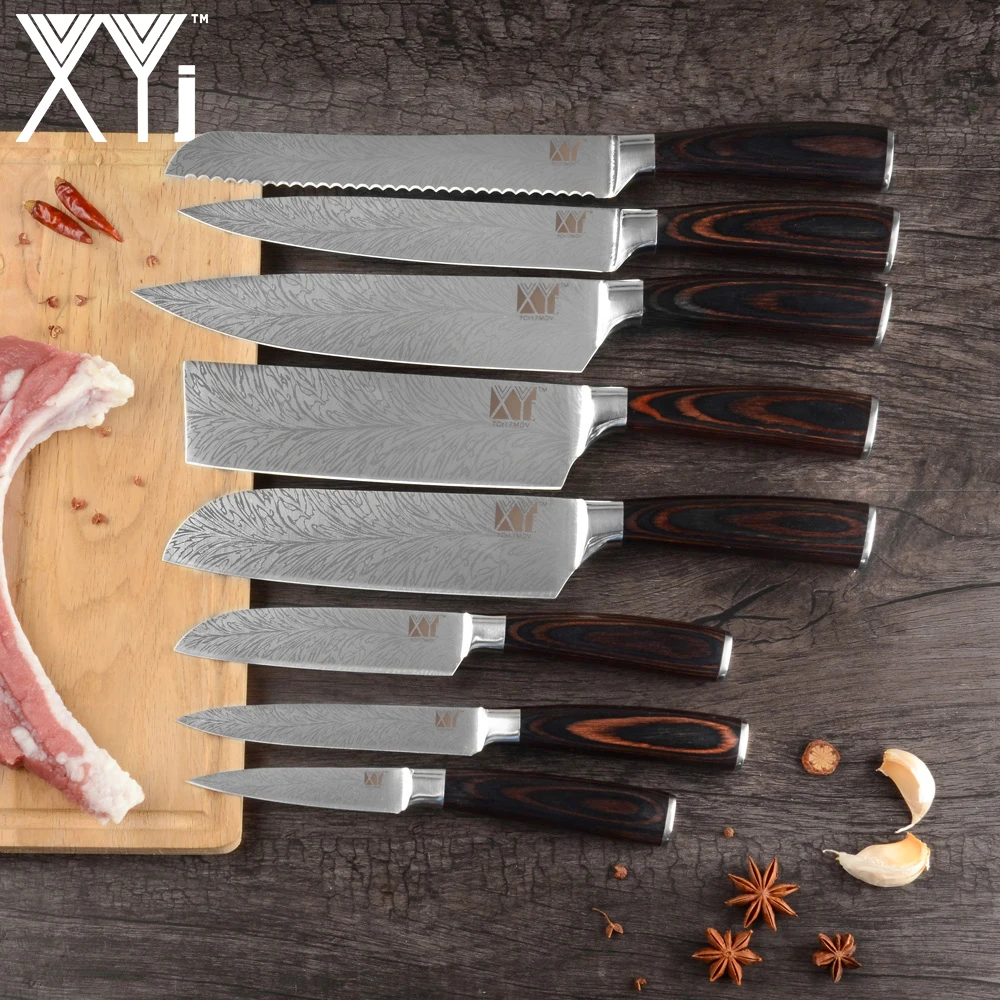 XYj 8 шт. набор ножей из нержавеющей стали дамасский узор острый 7cr17 лезвие Нескользящая деревянная ручка мясной нож шеф-повара кухонный аксессуар