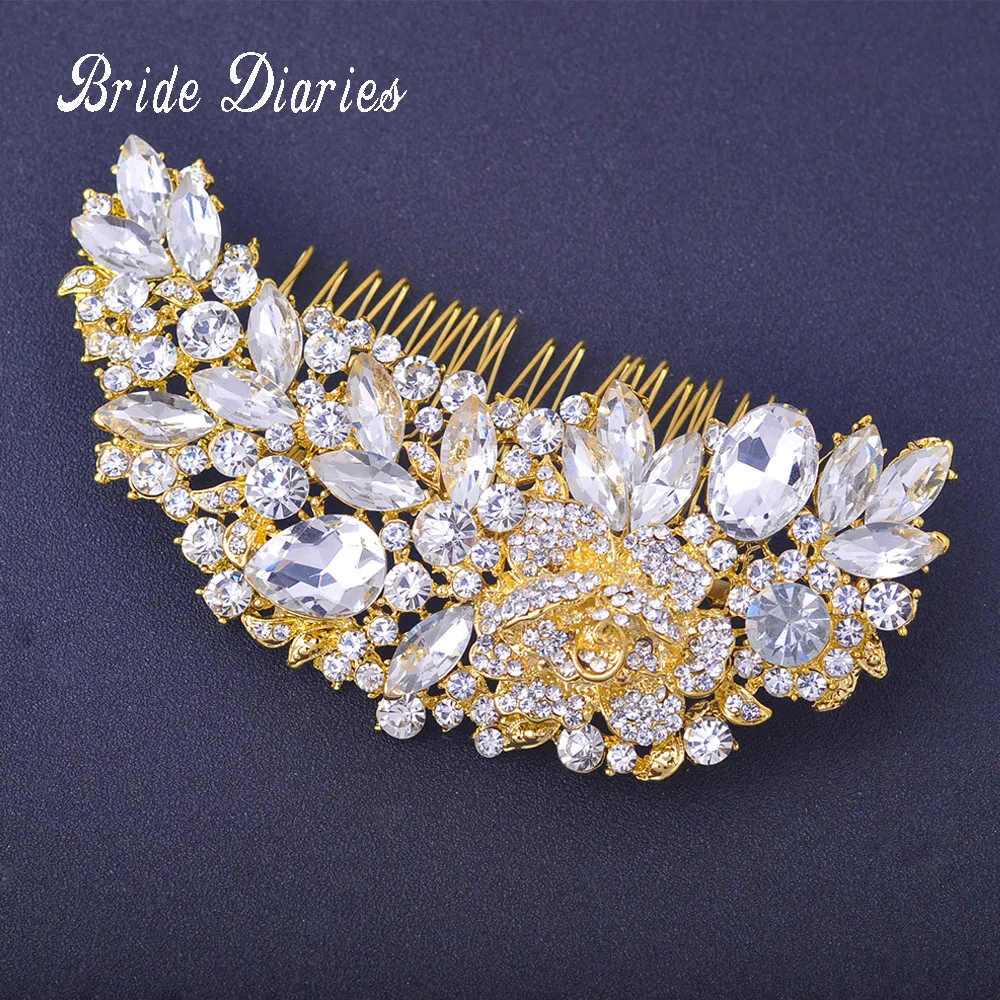 Bride Diaries Wedding Hair Comb Vintage Bridemaid Prom Crystal Jewelry Combs Gold Color Flower Pattern Bridal Accessories | Украшения и