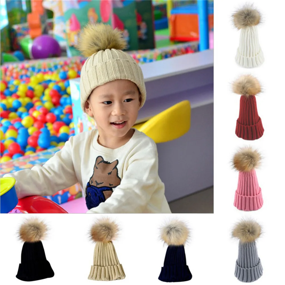 Baby Winter Warm Hats Cute Warm Knitted Hat Solid Color Cuffed Knitted