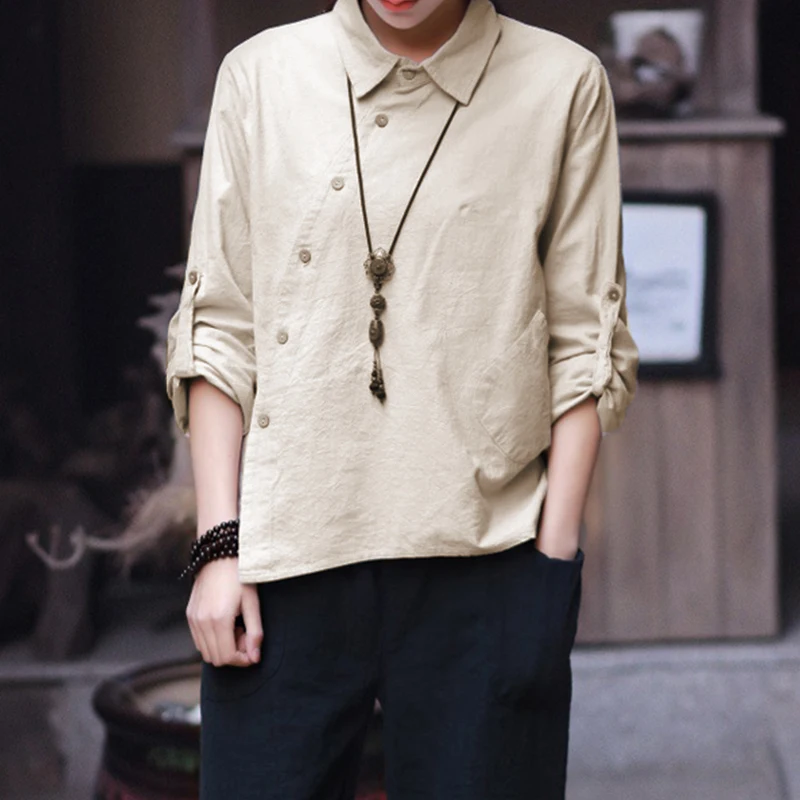 

Big Size Casual Women Autumn Blouse and Tops Solid Color Long Sleeve Turn-Down Collar Top Shirts Cotton Button Spring Blouse