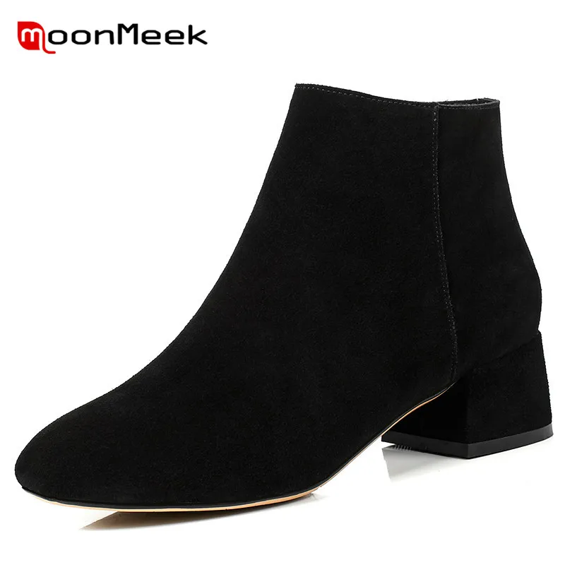 

MoonMeek new arrive 2020 popular square toe cow suede leather boots med heels ladies ankle boots hot sale woman boots large size