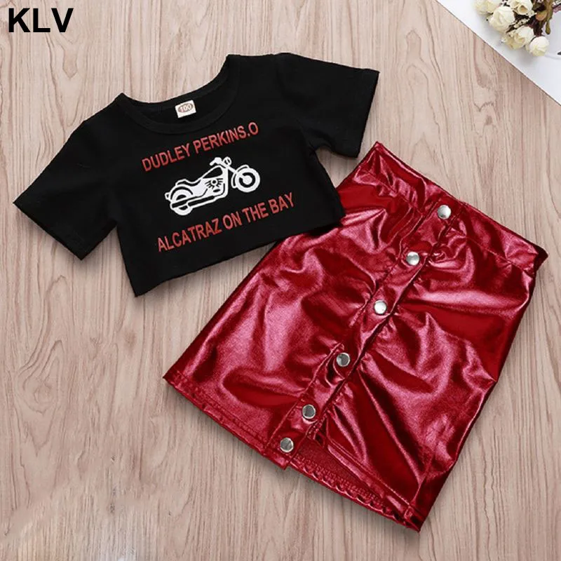 

Toddler Kids Baby Girls Cartoon Motor Print T-shirt Tops+Mini Button Skirt Outfits for 1-5Y