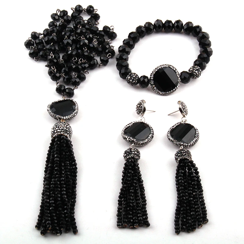 Модный комплект ювелирных изделий в богемном стиле, черный хрустальный Розарий, цепочка, ожерелье, браслет, серьги, наборы