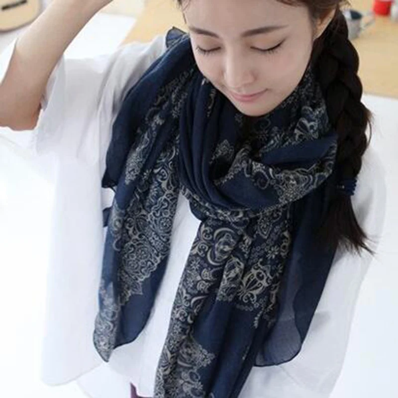 

Retro Style Women Scarf 170*80cm Ethnic Chinese Style Porcelain Style Soft Comfortable Thin Cotton Voile Scarves Shawl Accessory