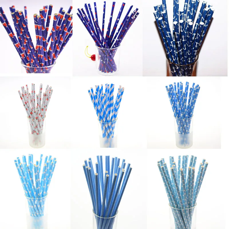 25pcs Blue Paper Straws kids birthday wedding decorative party Birthday Holiday Supplies Anchor Drinking Straws Xmas