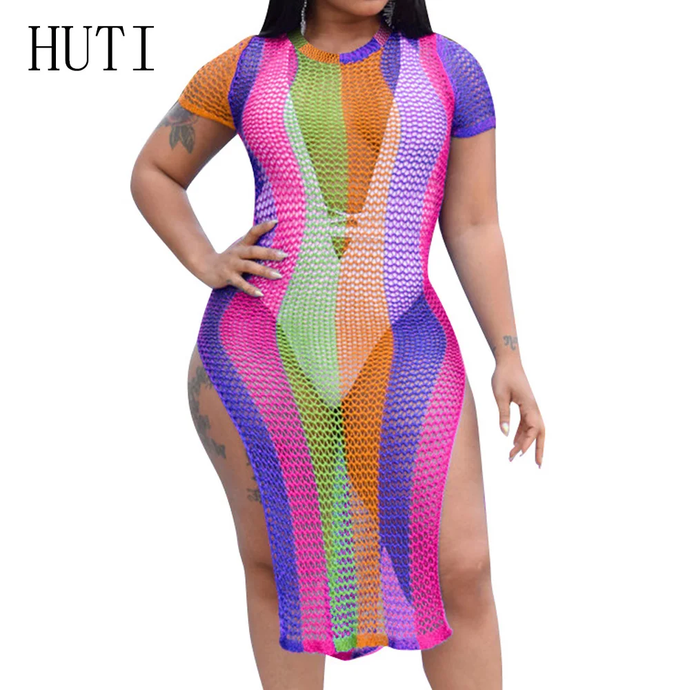 

HUTI Women Summer See Through Grid Short Sleeve O Neck Party Dresses Elegant Vintage Striped High Waist Loose Casual Dress