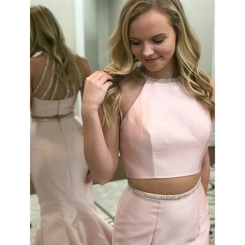 

Halter Open Back Long Prom Dresses Two Pieces Mermaid Court Train Pink Satin Evening Dress with Beading Sash