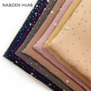 

1PCS Women scarf solid plain chiffon pearls hot diamonds shawl foulard new fashion Muslim echarpe hijabs bandana fast shipping