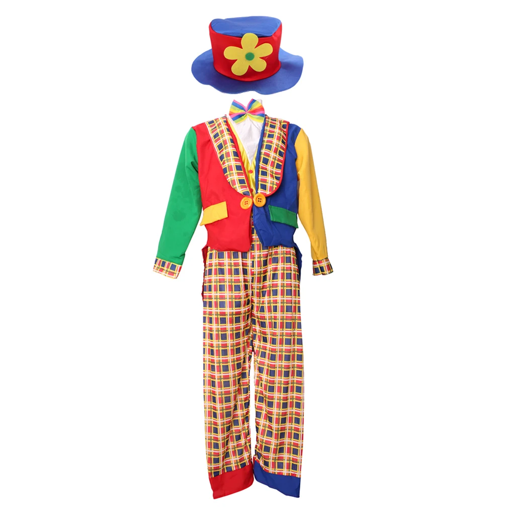 Comedy Clown Costume Halloween Party Tops Coat Pant Hat Set Joke Adult Fancy Dress