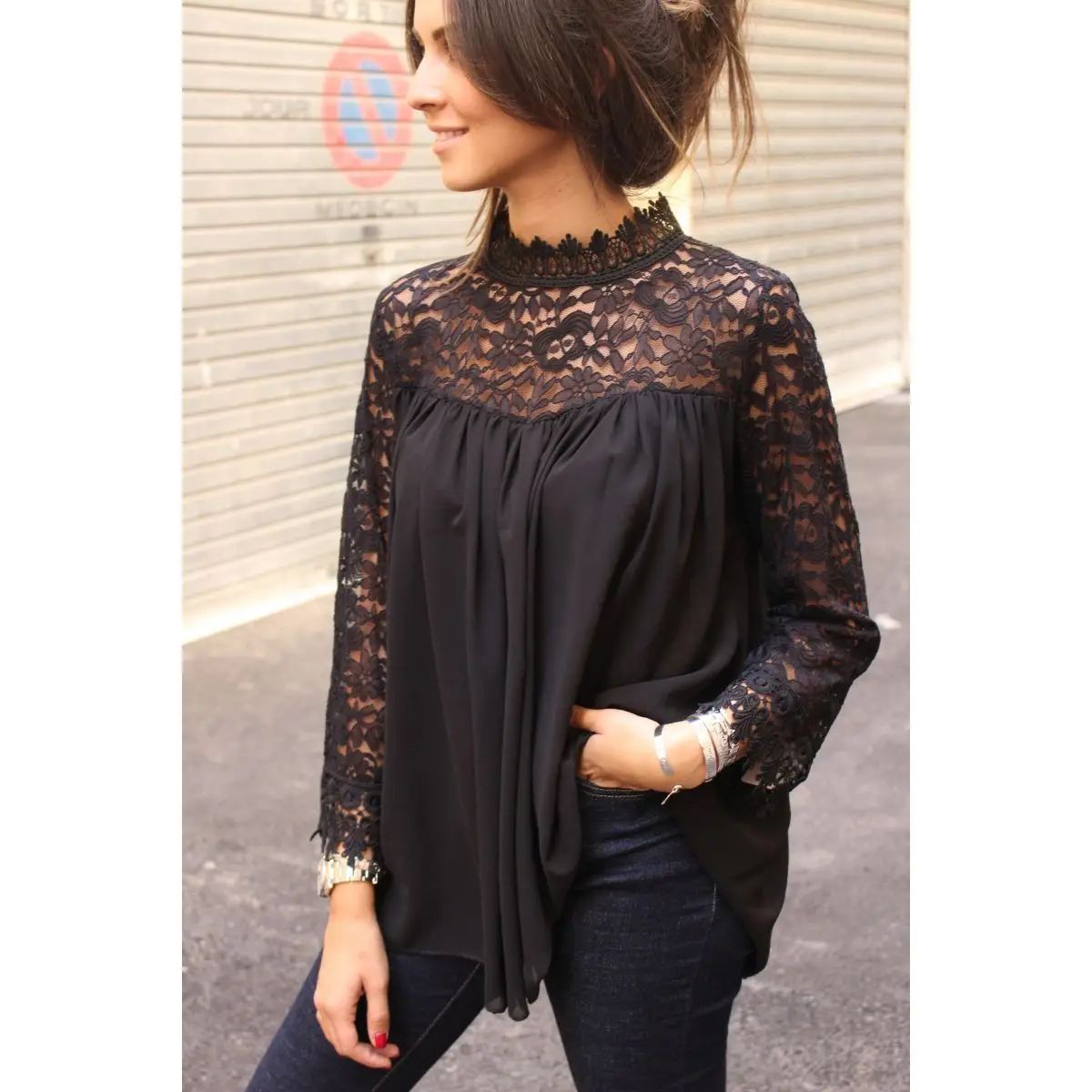 Женская Повседневная однотонная черная блузка, рубашки, Женская Осенняя Водолазка с длинным рукавом, кружевные блузки, Топ - Цвет: Черный