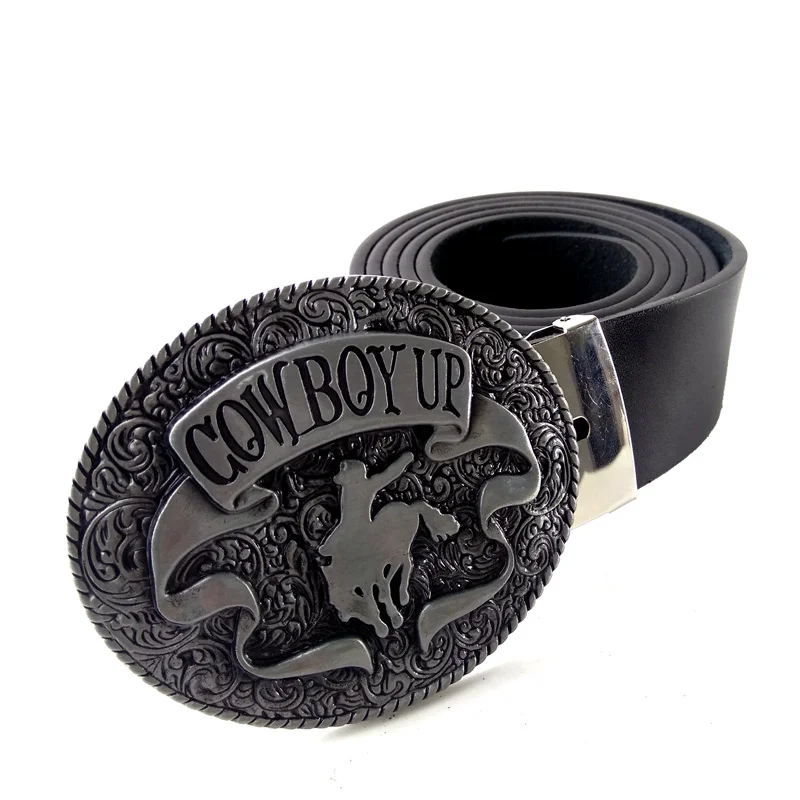 High quality Black pu leather belt for men with Vintage western Cowboy