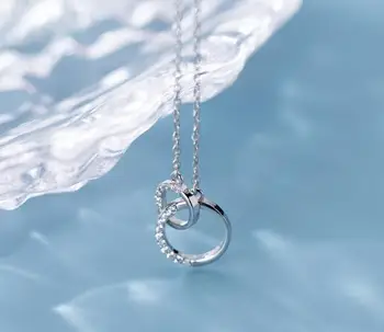 

100% real Sterling Silver 925 Fine Jewelry White Zirconia Double Lucky Circle interlock Pendant Necklace geometric GTLX1944