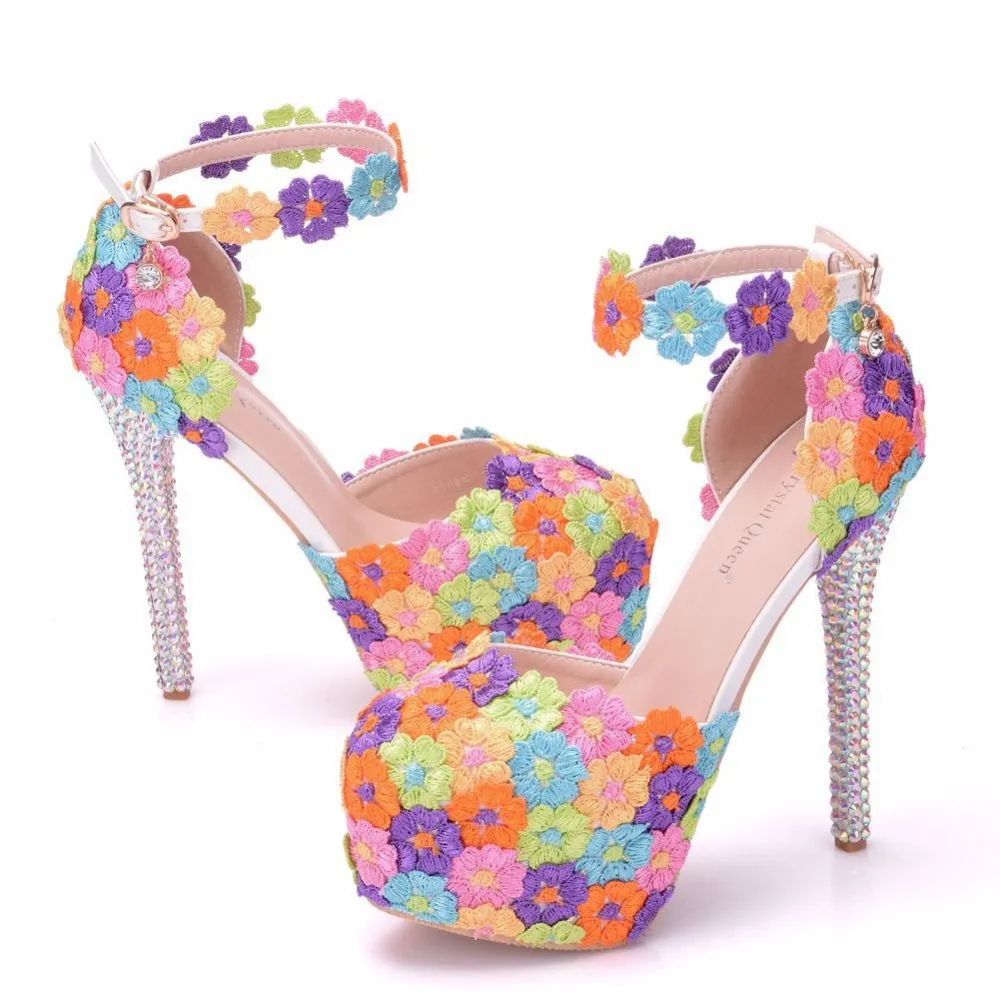 Wedding Bridal Shoes Sandals Colorful Lace Floral High Heels 14CM ...