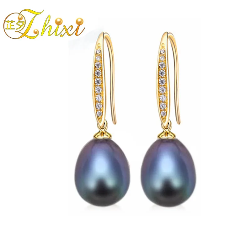 [ZHIXI] Pearl Earrings Fine Jewelry Freshwater Black Pearl Earrings 8 ...