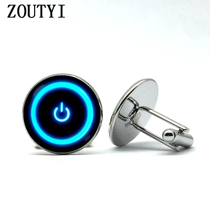

2018/Power Button Computer Cufflinks Power Symbol Blue Button Switch Technology Player Glass Dome Cufflinks Men's Gifts