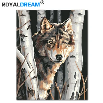 

ROYALDREAM White birch Wolf DIY Painting By Numbers Kits Paint On Canvas Painting Modern Wall Art Picture Gift