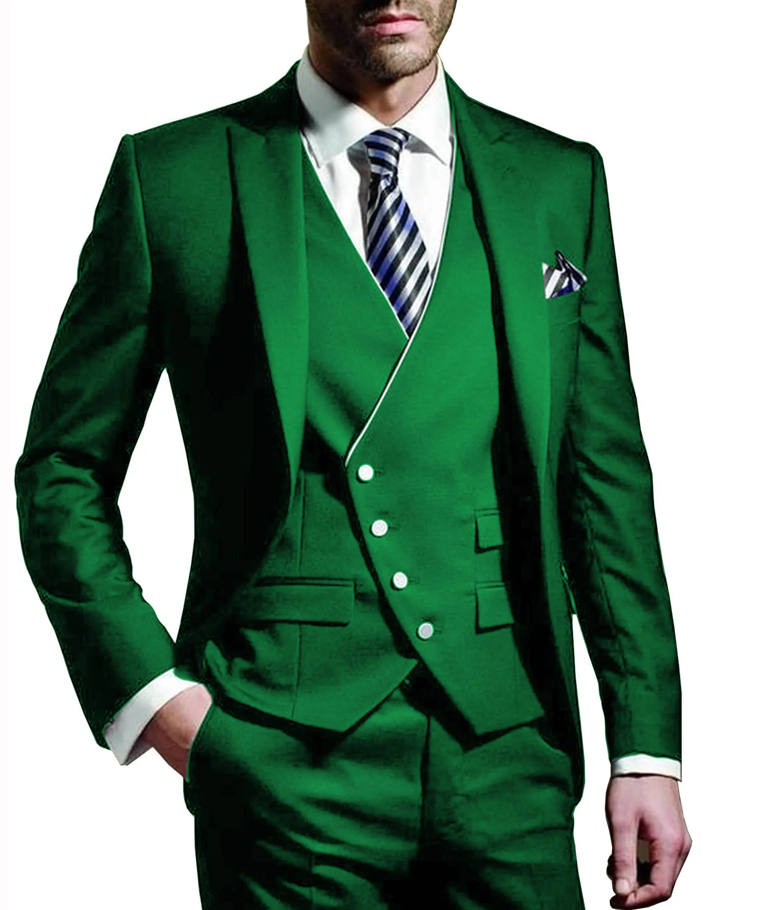 Мужские костюмы, облегающие повседневные деловые костюмы из 3 предметов, мужские смокинги с лацканами серого и зеленого цвета для торжественных свадеб(Блейзер+ жилет+ брюки - Цвет: green