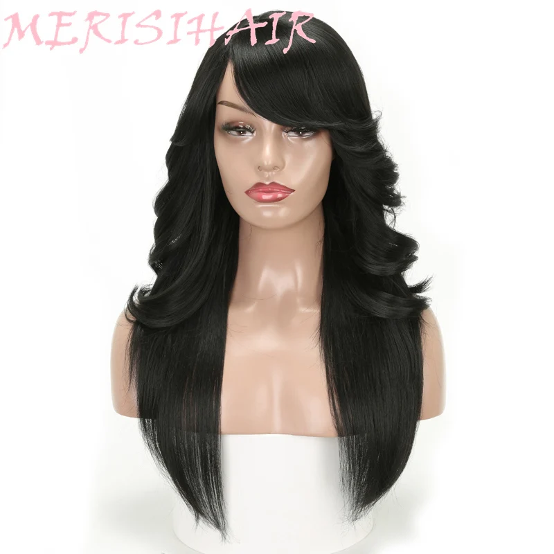 MERISI HAIR Black Color Long Straight With Bangs Hairstyle Curly And Straight Hair Mix Synthetic Wigs Black Women Heat Resistant (3)