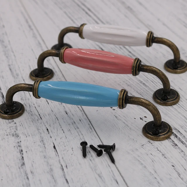 2PCS Vintage Ceramic Pulls and Handles Pink White Blue