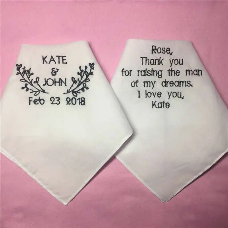 

2 Pieces Custom Wedding Gift to Groom Mom, Embroidered Wedding Handkerchief for Mother of the Groom, Personalized Wedding Hankie