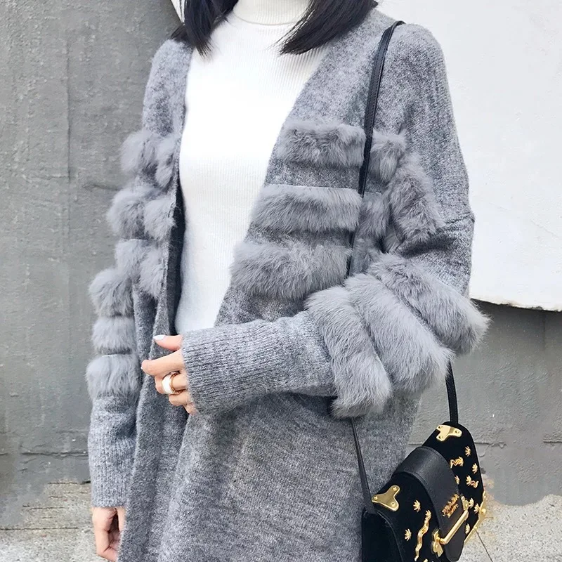 Winter Autumn Women Fashion rabbit fur decoration cardigan sweaters