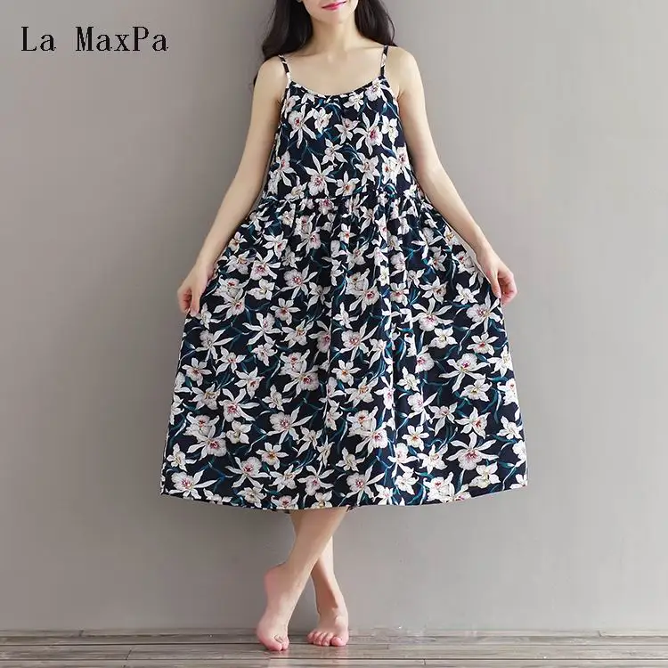 

La MaxPa 2019 Summer New Women Loose Vintage Flower Print Dress Mori Girl Spaghetti Strap Cotton Casual Dress Vestido Femininos