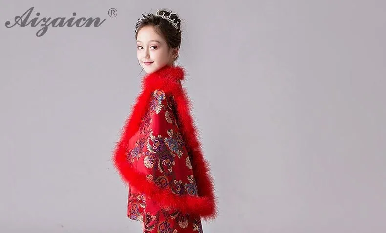 Зимнее сатиновое платье для девочек; детское платье принцессы; детское вечернее со шлейфом; длинные красные платья; Qipao; одежда для малышей в китайском стиле на год