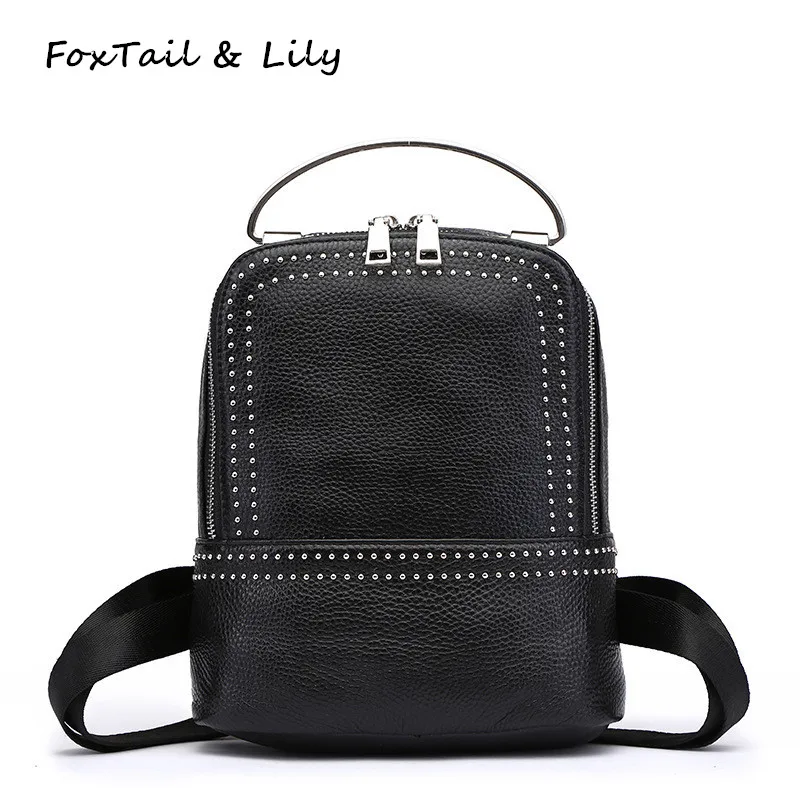 

FoxTail & Lily Brand Women Genuine Leather Backpacks Popular Rivets Black Small Backpack Female Luxury Metal Handle Shoulder Bag