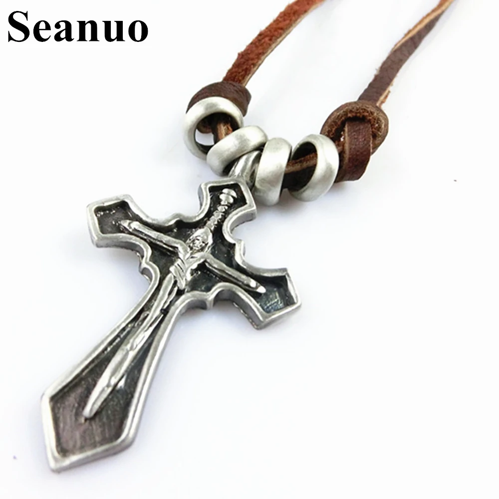 

Seanuo Fashion 100% Genuine Leather Jesus Cross Pendant Necklace For Men Women Punk Rock Alloy Sword Male Biker Choker Necklaces