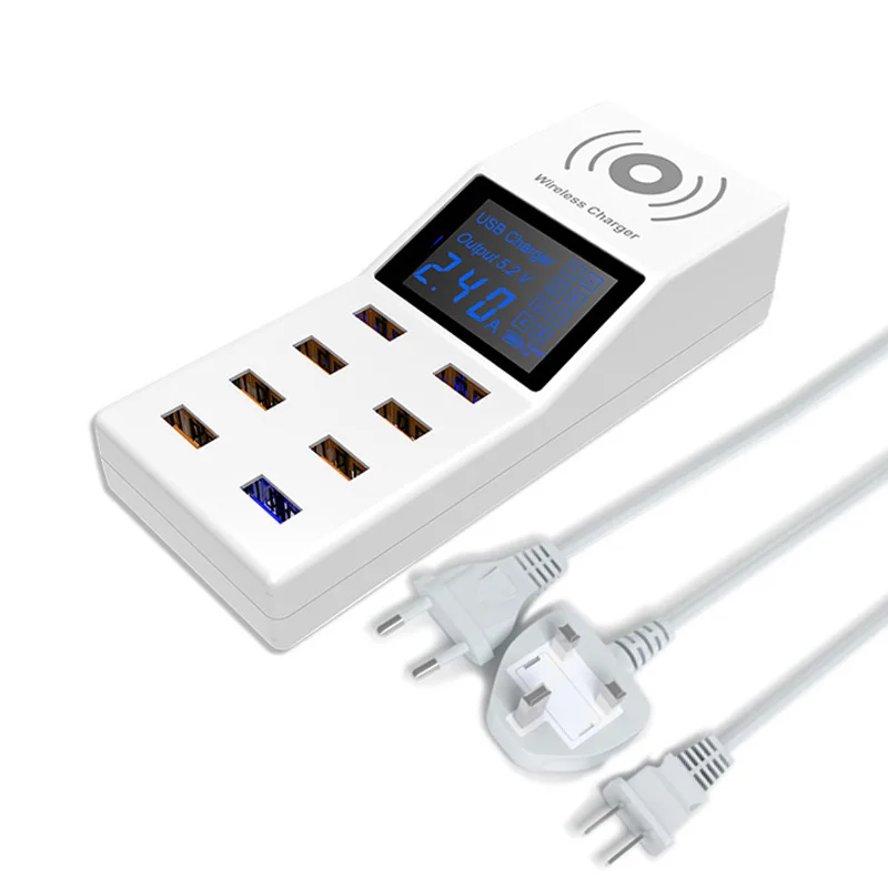 Продажа EtopLink Беспроводное зарядное устройство QC3.0 Быстрая зарядка 8USB мобильный телефон Беспроводное зарядное устройство Smart Digital display power Strip Socket