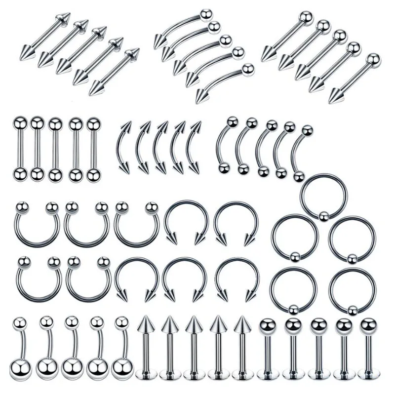 

Ybollar 60pcs/lot Stainlee Steel Multi Function Mix Styles Body Piercing Jewelry Tongue Eyebrow Belly Nose Ring Lip Stud
