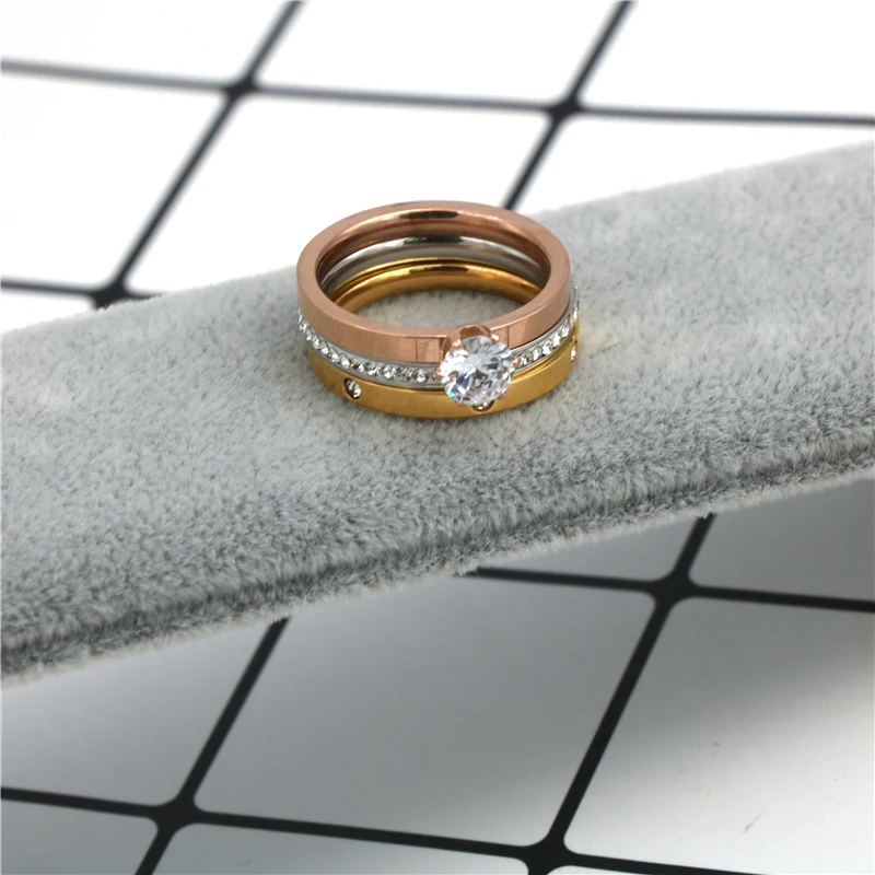 316L ювелирные изделия из нержавеющей стали уникальные 3 в 1 кольца в форме сердца для женщин трехцветные Стальные CZ хрустальные кольца