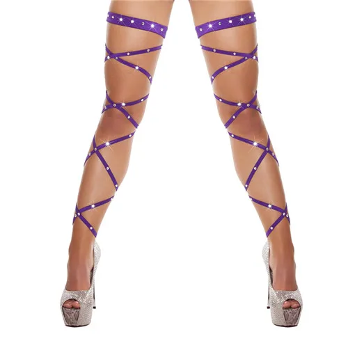 Сексуальное женское нижнее белье бандажные ажурные чулки бедро-высокие Кристальные шипованные бедра высокие ноги рейв обертывания ремешки Стразы колготки - Цвет: Фиолетовый
